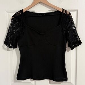 Whimsigoth Top Womens Large Black Lace Dark Feminine Waffle Knit Sweetheart Neck